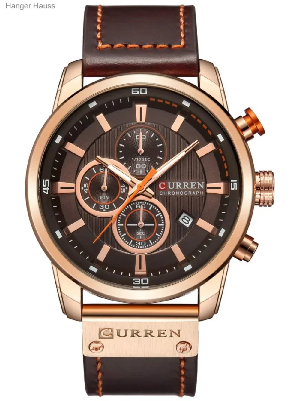 Men's Quartz Chronograph Dress Watch Leather Strap Stainless Steel Case